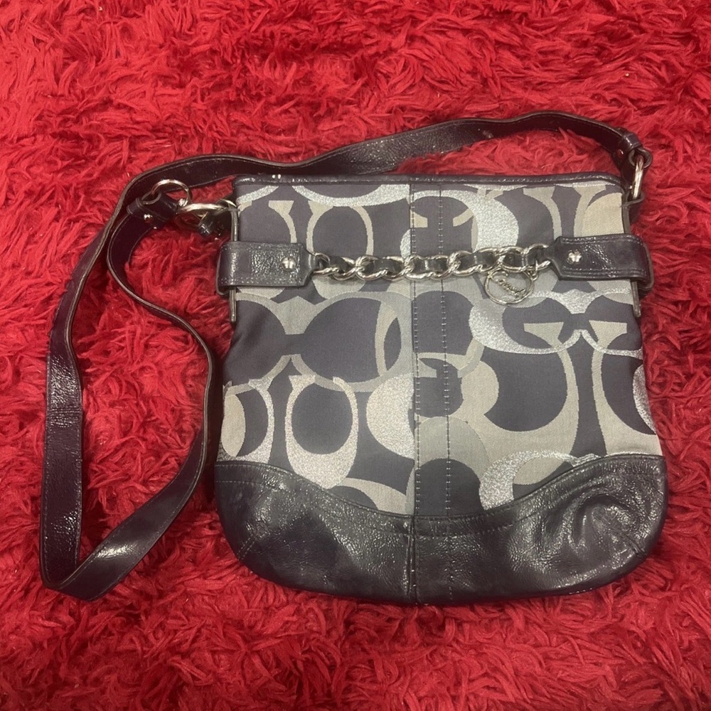 Coach F19820 Moto Optic Metallic Chain Navy Signature Jaquard Shoulder  Bag